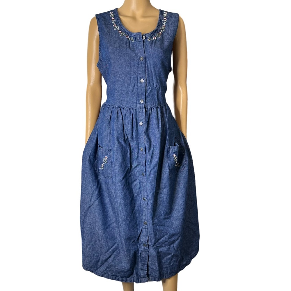 National|Women|Denim Midi Dress|LargeL|Blue|100% Cotton|Sleeveless|Embroidered